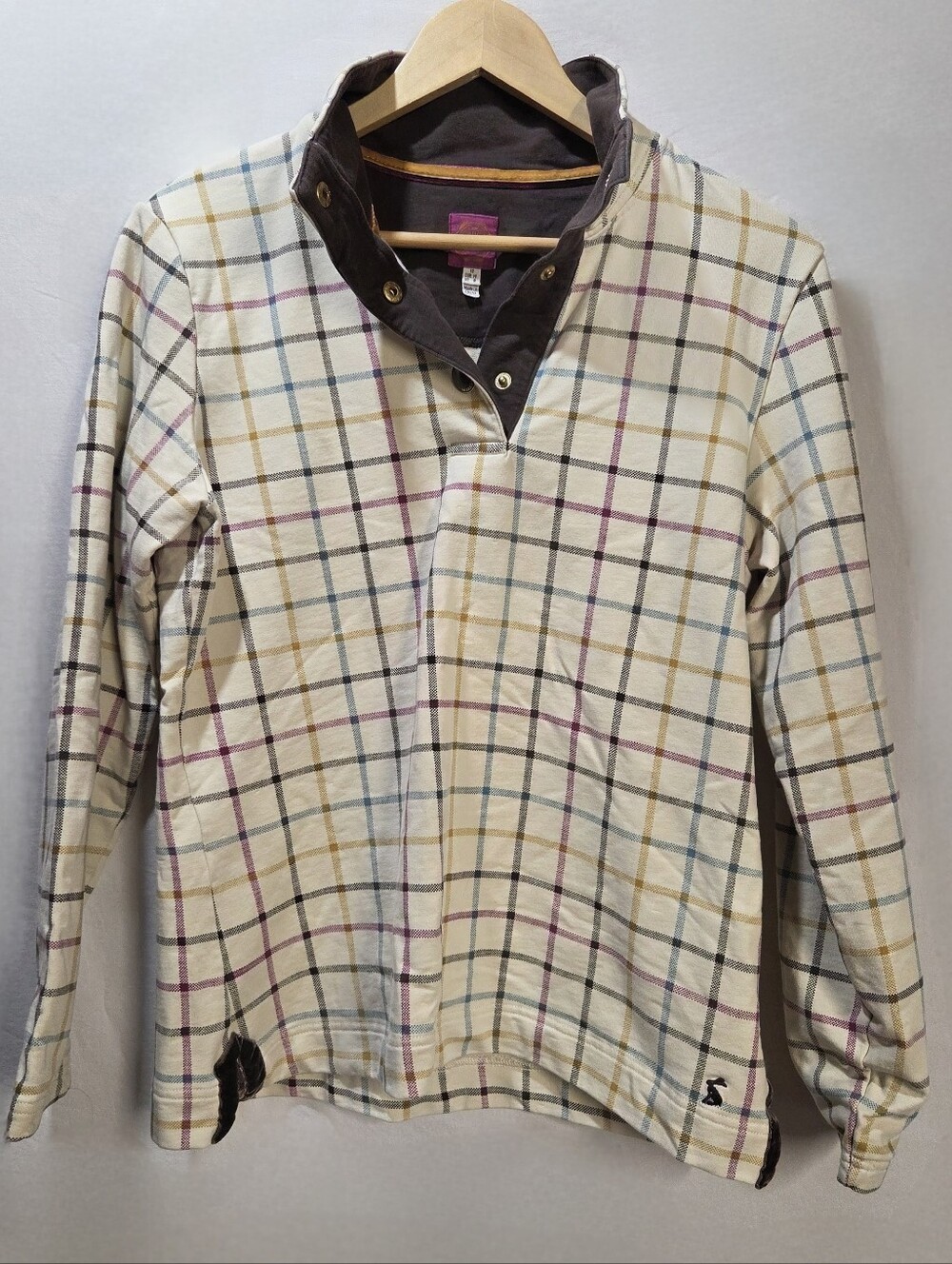 Joules Womens Sz M Cream Tattersall Thick Knit Collared Pullover Sweatshirt